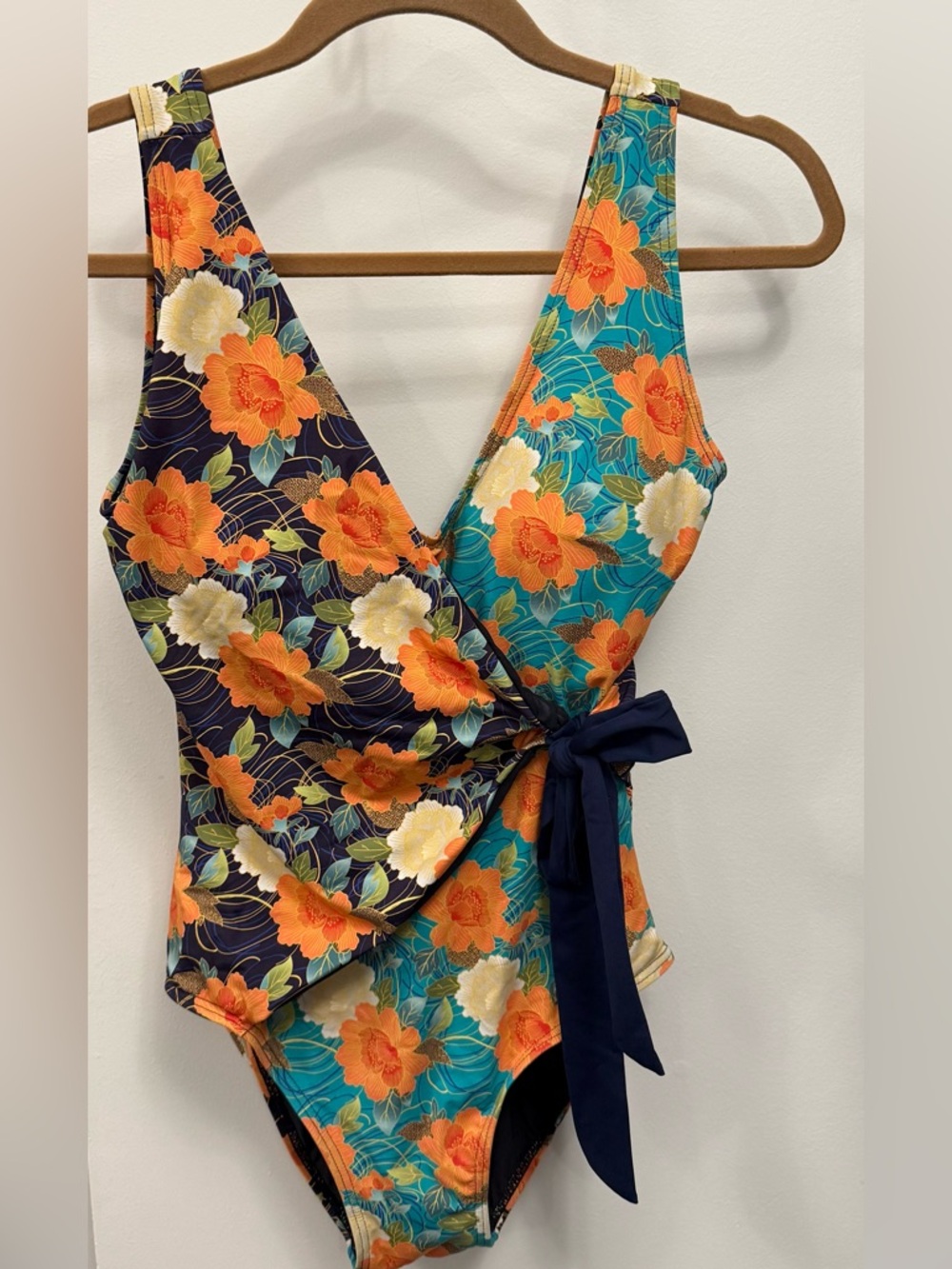 Sundance Floral Wrap One-Piece in Teal, Navy & Orange